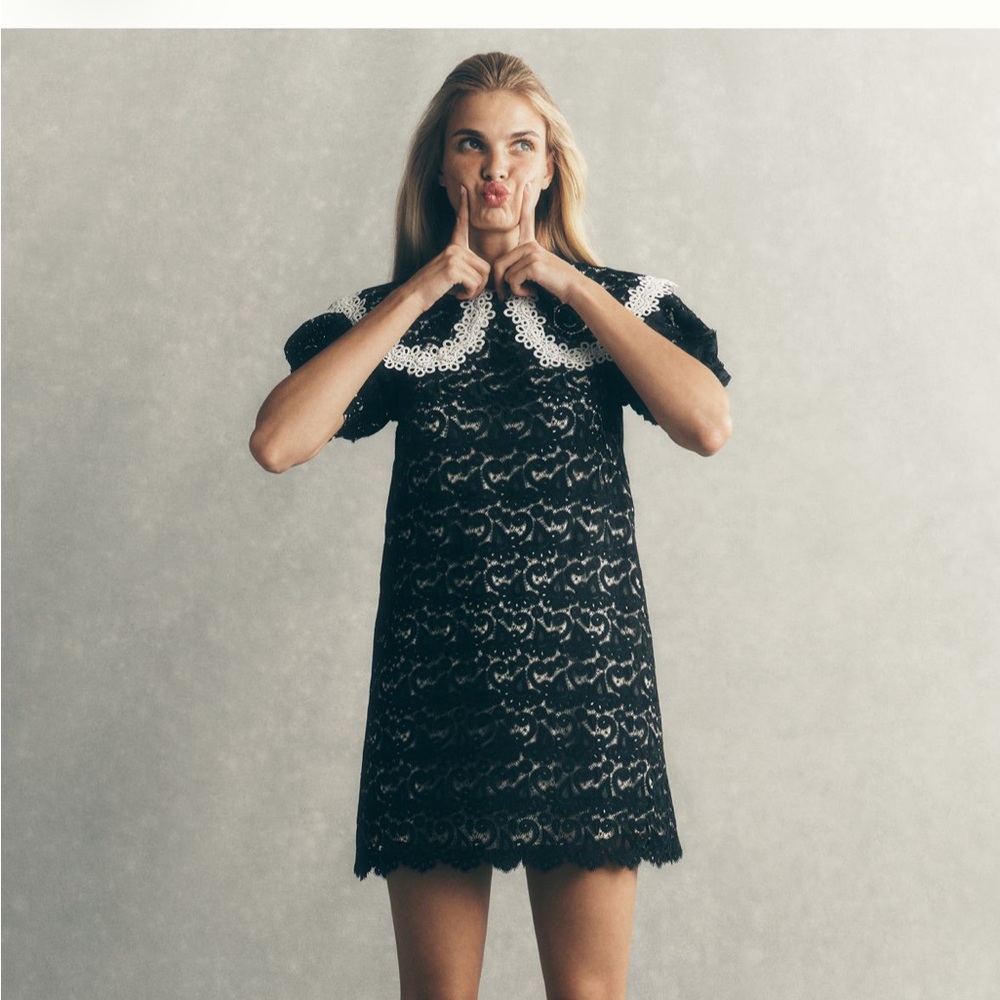 Black Lace Shift Dress with White Lace Collar